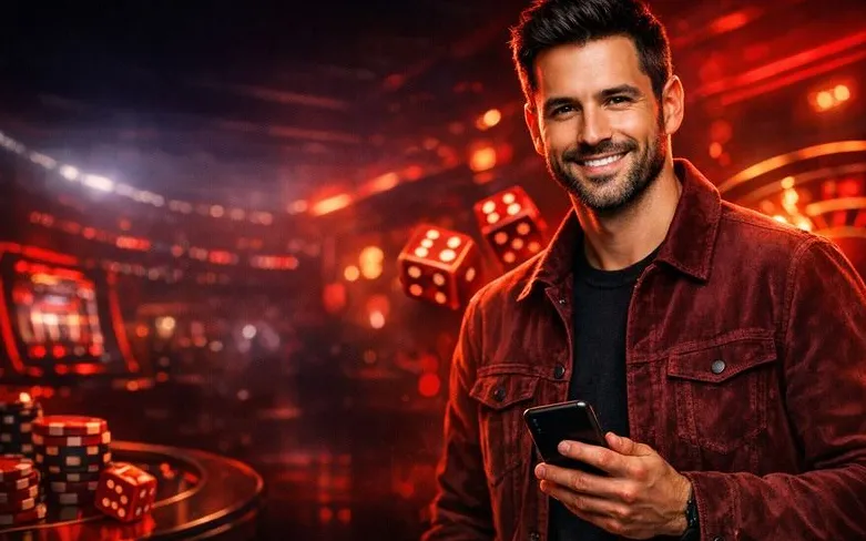 Personaggio Powerbet in maglia rossa davanti allo stadio